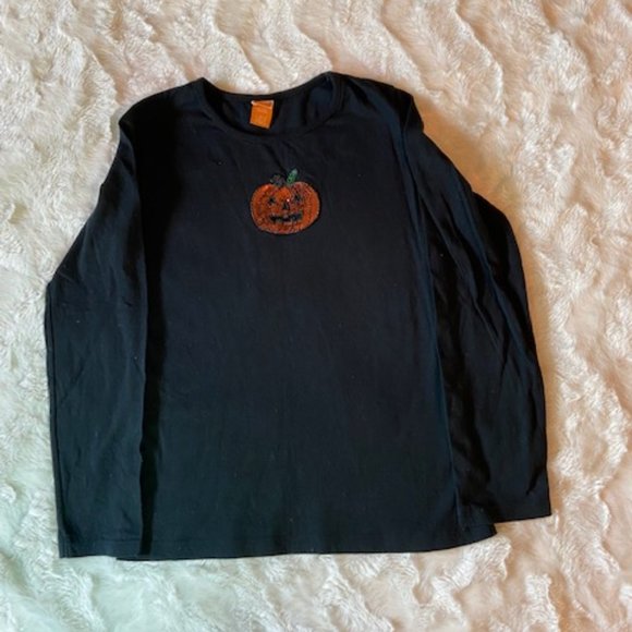 2/$30 Circo Black Halloween Sequin Pumpkin Shirt Girls Size 10/12 - Picture 2 of 8